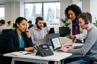 British office staff managing client communications on a cloud business phone system platform.