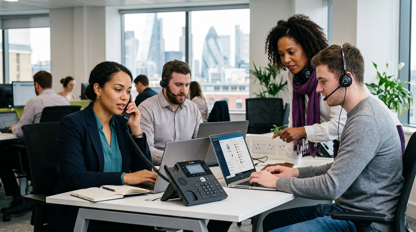 British office staff managing client communications on a cloud business phone system platform.